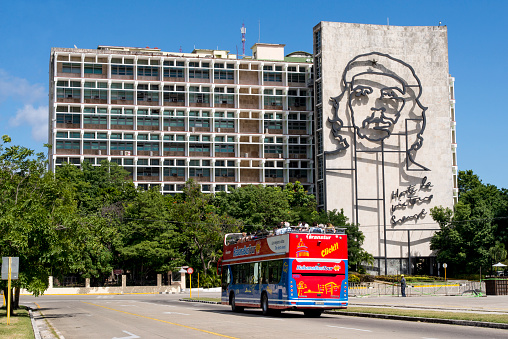 Havana, Cuba - Buildings in Havana`s Plaza de la Revolucion with portraits of Che Guevara. Photo taken on 30th October 2018