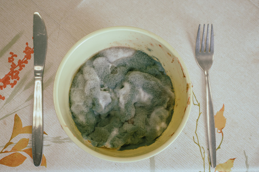 in a yellow bowl the food is completely covered with a mold