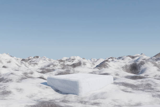 istock Abstact 3d render platform winter scene background, Ice stone podium on the mountain rock and snow covered ground for product stand display, advertising cosmetic beauty products or etc 1459661982