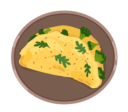 Omelet with broccoli. Scrambler illustration for menu, flyer, booklet, poster.