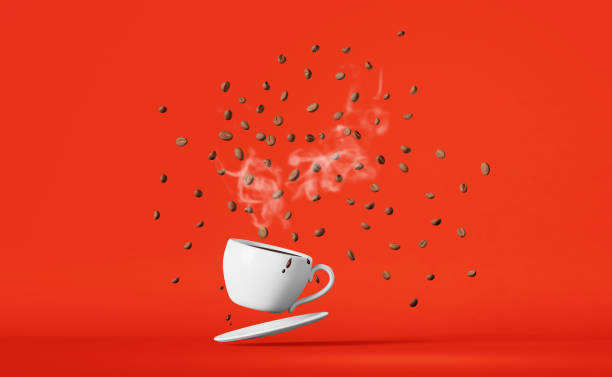 istock Floating porcelain coffee cup flying beans explosion 3D rendering. Hot fresh brewed espresso drink advertising template. 1459671462