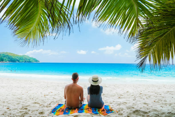 istock Couple relaxing under a palm tree on a white tropical beach Anse Lazio Praslin Tropical Seychelles 1459674650