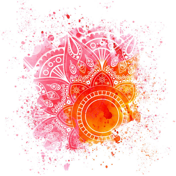 만다라가 있는 빨간색 손으로 그린 수채화 배경 - mandala stock illustrations