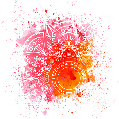 Red hand-drawn watercolor background with mandala. A part of the big Holi set of illustrations