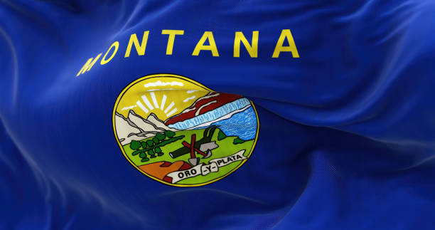 vista em perspectiva da bandeira do estado americano de montana acenando - montana flag us state flag banner - fotografias e filmes do acervo