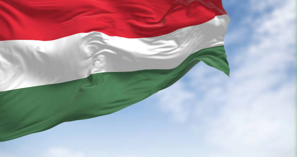 la bandera nacional de hungría ondeando en el viento en un día claro. - hungarian flag fotografías e imágenes de stock