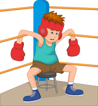 cartoon boxer exhausted in the corner of the ring