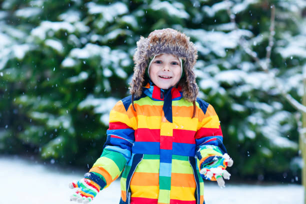istock Preschool kid boy in colorful clothes playing outdoors during strong snowfall. Active leisure with children in winter on cold snowy days. Happy child having fun, playing with snow. Winter fashion 1459685074