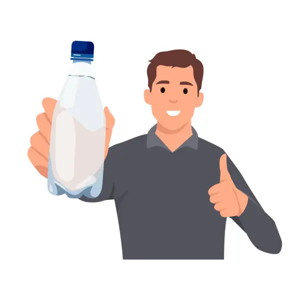 Vector illustration of Healthy young man showing bottle of mineral water and give thumb up. Flat vector illustration isolated on white background