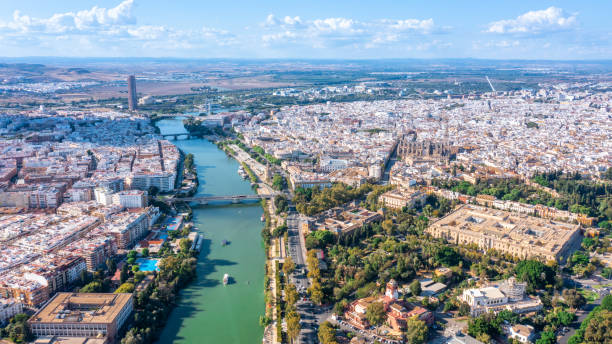 luftaufnahme der spanischen stadt sevilla in der region andalusien am fluss guadaquivir mit blick auf kathedrale und real alcazar - seville sevilla santa cruz city stock-fotos und bilder