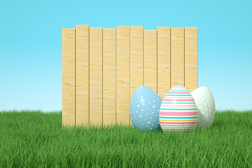 Easter eggs on grass field with empty wooden signboard, 3d render.