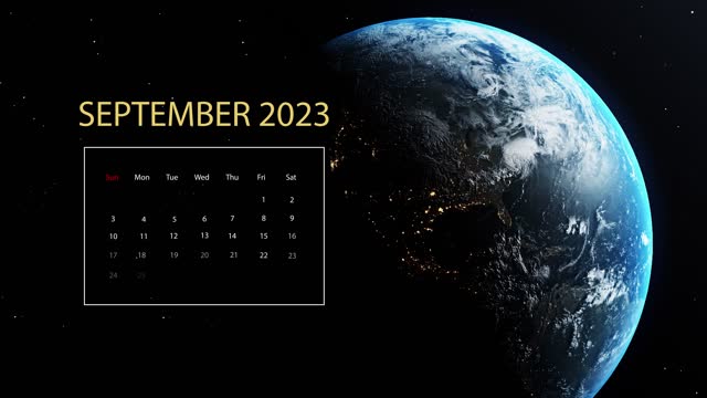 September 2023 Calendar Appears on Planet Earth While Spinning in Outer Space Against Black Background with Stars