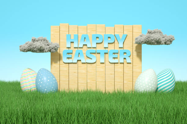 Easter eggs on grass field with empty wooden signboard, 3d render.