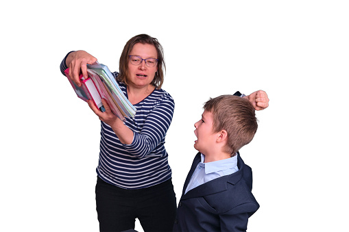 Conflict between a mother and a school boy who refuses to learn, isolated on a white background