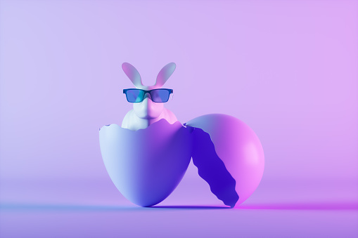 Easter concept, Easter bunny in broken egg shells on neon background, 3d render.