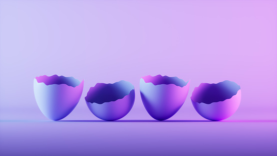Easter concept, broken egg shells on neon background, 3d render.