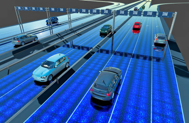 istock Self Driving cars on a digital Freeway 1459702295