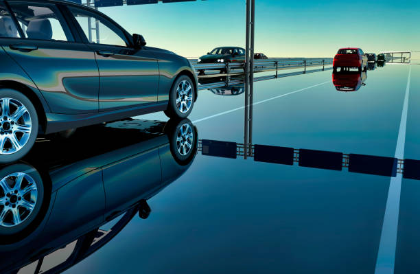 Futuristic Technology Concept: Autonomous cars on the digital Road with Sensors.