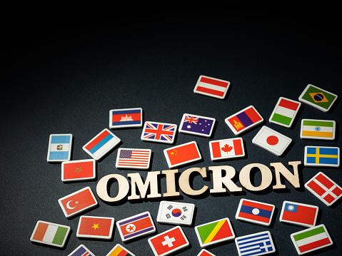 Omicron word with world country flags