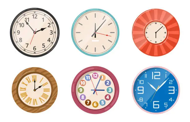 Vector illustration of Cartoon round watches. Electronic wall clock, mechanical vintage clock faces, digital timepieces and quartz interior chronometers flat vector illustration set