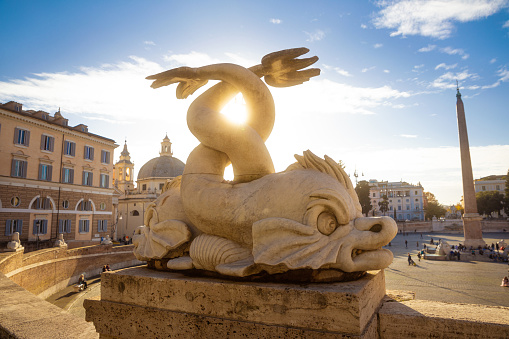 Ancient dolphin sculpture in Piazza del Popolo by Giuseppe Valadier (Part of Dea Roma Fountain 1823)
