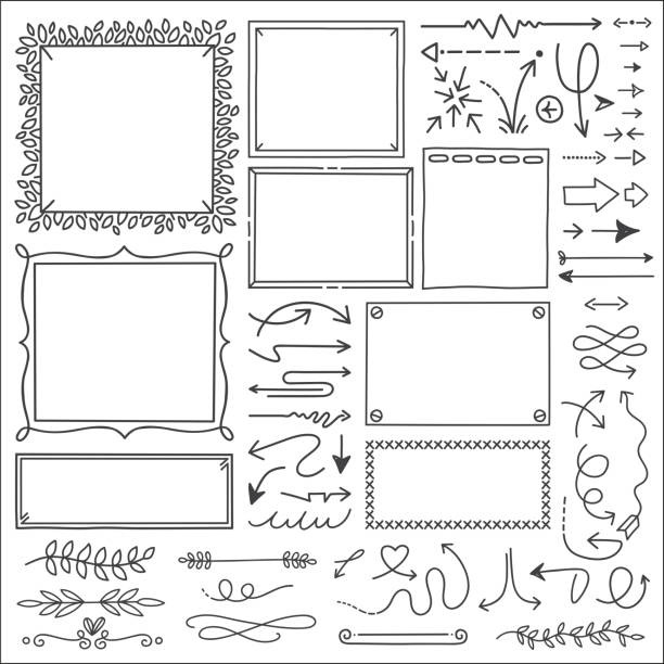 검은색 펜 마커 사각형 및 사각형 모양 컬렉션입니다. 프레임, 스페이서, 분배기 등이있는 장식 요소의 완전한 세트. - scribble inks on paper black art stock illustrations