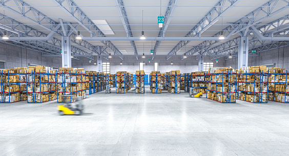 large warehouse with moving vehicle. 3d render