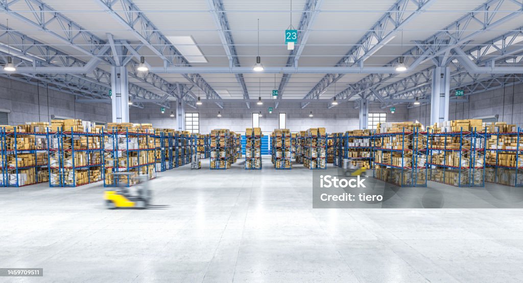 large warehouse with moving vehicle. large warehouse with moving vehicle. 3d render Warehouse Stock Photo