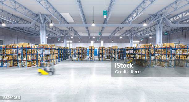 Large Warehouse With Moving Vehicle Stock Photo - Download Image Now - Warehouse, Storage Room, Industry
