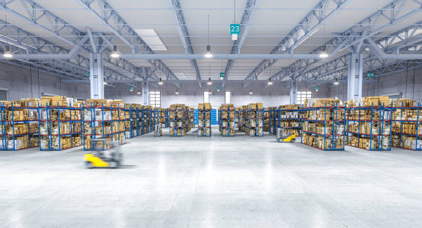 large warehouse with moving vehicle. - warehouse forklift distribution warehouse merchandise imagens e fotografias de stock