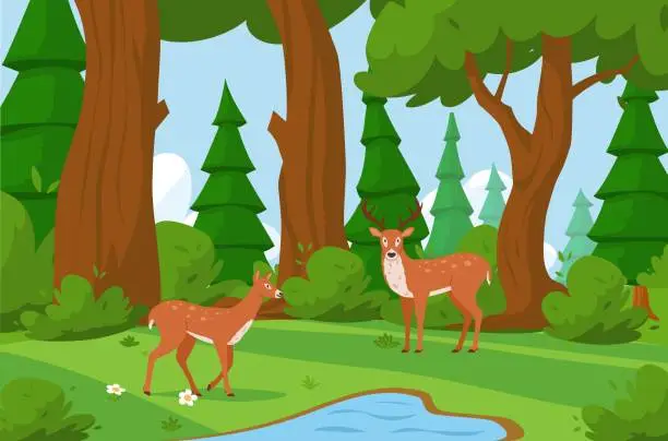 Vector illustration of Forest deers in landscape of summer glade in thicket, flat vector illustration.