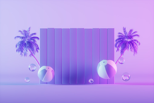 Empty signboard with palm trees, minimal summer holiday and travel concept on neon purple background, 3d render.