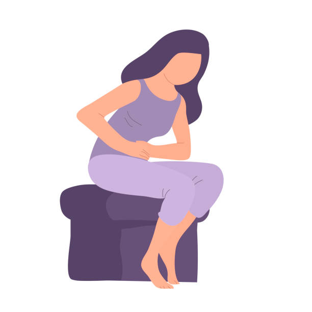 A young woman suffers from abdominal pain A young woman suffers from abdominal pain. Symptom of menstruation, acute gastritis, diarrhea. Disease of the gastrointestinal tract. Flat vector illustration isolated on white background stomach ache illustrations stock illustrations