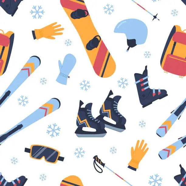 Vector illustration of Seamless pattern with winter sport equipment flat style, vector illustration