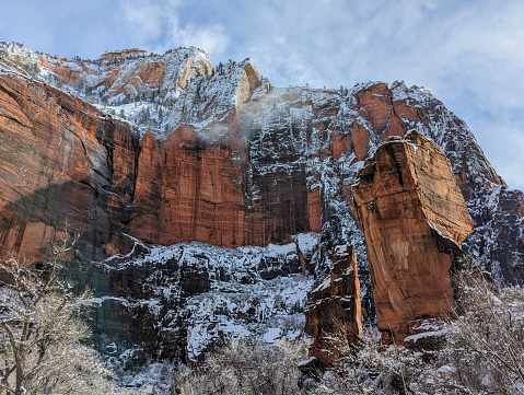 View of Zion Canyon walls near the Temple of Sinawava in Zion National Park Utah at viewpoint and parking along the Virgin River