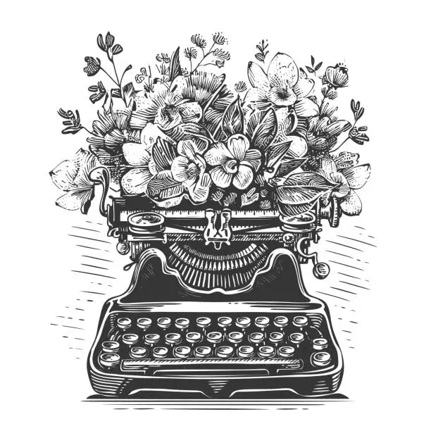 Vector illustration of Beautiful flowers growing from a retro typewriter machine. Motivation, inspiration concept. Vintage vector illustration