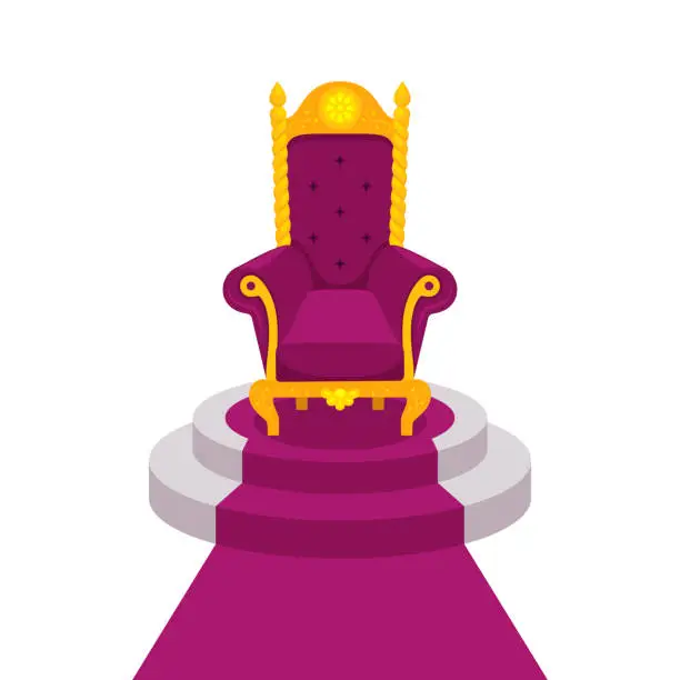 Vector illustration of Purple velvet royal armchair or throne on podium with carpet