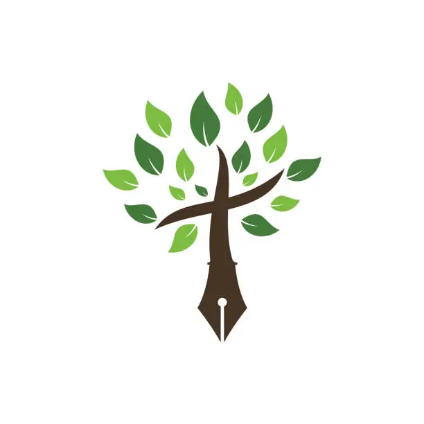 Vector illustration of Tree pen and cross vector  design template. Bible learning and teaching class.