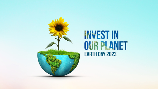 Invest in our planet- World Environment day concept design. Happy Environment day, 05 June. Green earth with sunflower plant isolated on white background.