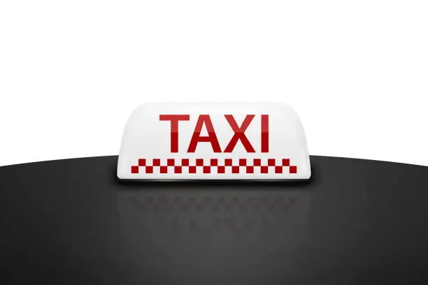 Vector illustration of Vector 3d Realistic White and Red Taxi Car Roof Sign Icon Closeup on the Black Roof of a Car Isolated. French Taxi Sign, Design Template for Taxi Service, Mockup. Front View