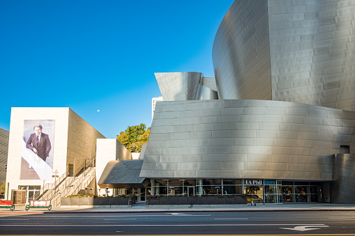 Los Angeles, California , USA - November 12, 2022: The ultra modern Walt Disney Concert Hall  in downtown Los Angeles, California, is the home of the Los Angeles Philharmonic and was designed by Frank Gehry.