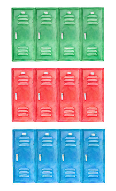 ilustrações de stock, clip art, desenhos animados e ícones de watercolour illustration set of steel closed lockers row in red, green and blue colors. - sports team locker room
