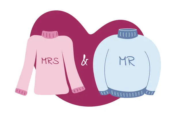 Vector illustration of Illustration of Mr. and Mrs. gender paired sweaters for Valentine Day, February 14th. Love, heart shape. Pink and blue