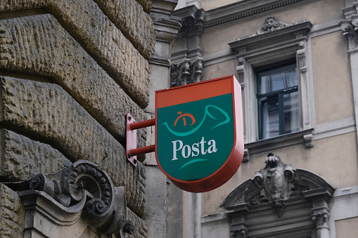 Exterior view of Hungarian Post office in Budapest, Hungary on December 22,  2022.