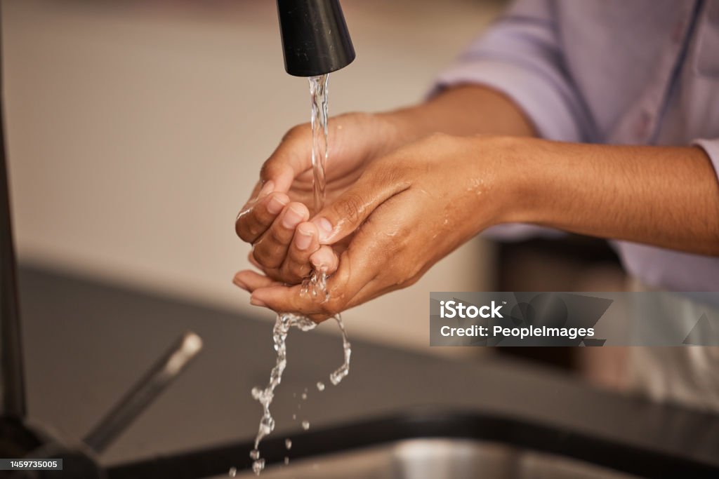 Washing Hands Sink And Water Cleaning For Wellness Health And Hygiene Hand  Care In A Home Person At A House Kitchen Faucet For Bacteria And Healthcare  Safety For Cooking And Soap With