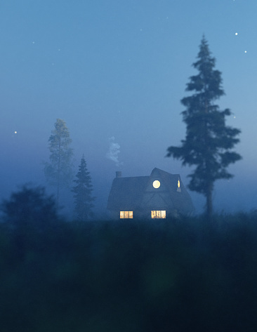 Light in windows of house in countryside during misty twilight. 3D render.