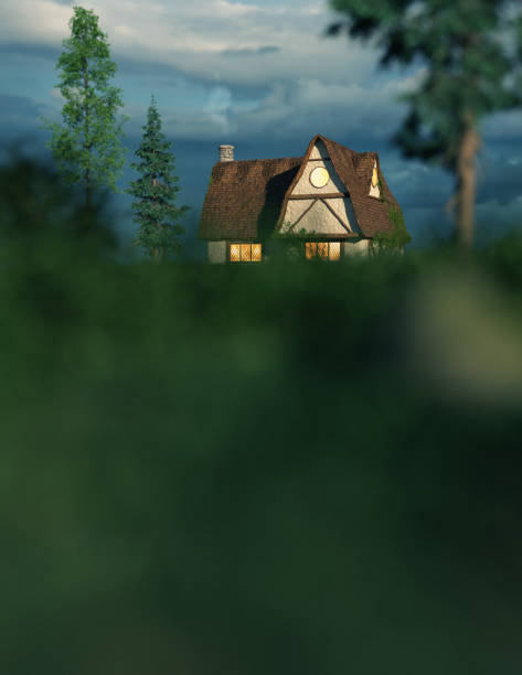 istock Light in windows of house in countryside with cloudy sky. 3D render. 1459735892