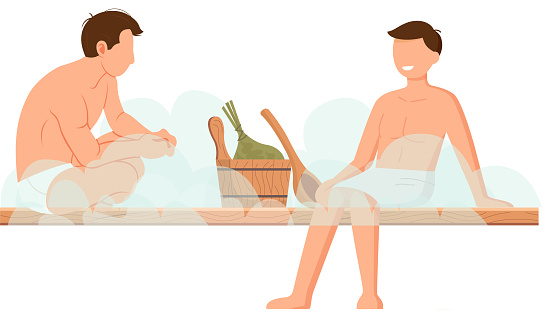 Man in white towel rest on wooden bench at hot steam sauna. Relaxing and wellness in finnish, russian bath or spa center. Heat therapy, relaxation and health care. Bathing character wellness procedure