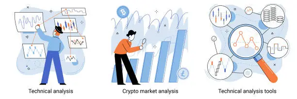 Vector illustration of Technical trader analyzing stock chart, crypto market analysis, technical analysis tools vector set