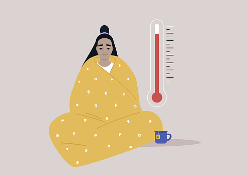 A young Asian character wrapped in a blanket unwell with high temperature and headache